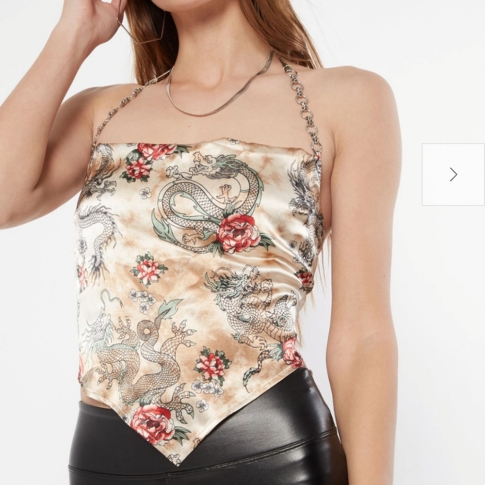 Beige Dragon Print Satin Chain Neck Scarf Top size medium